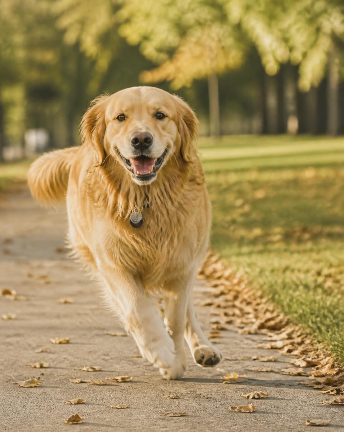 Golden retriever trotting happily along a sunlit park path